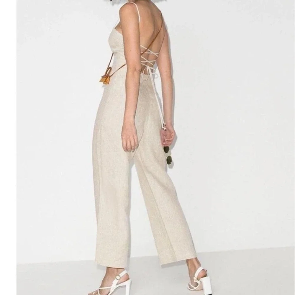 Reformation Linen Lace Back Jumpsuit Cream Wide Leg Strappy Size 4
